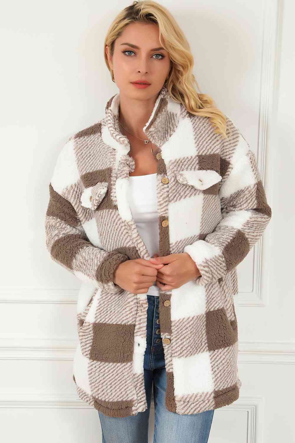 Plaid Button Down Coat with Pockets | Casual Woman's Collar Neck Polyester Coat