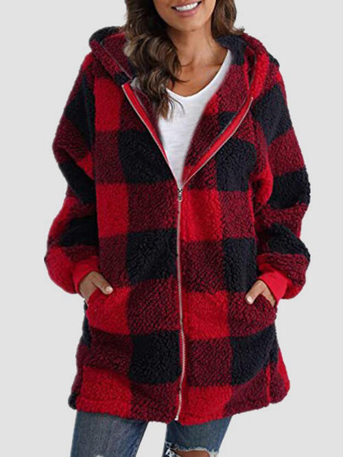 Plaid Zip Up Hooded Jacket with Pockets | Polyester Jacket With Cuffed Sleeves