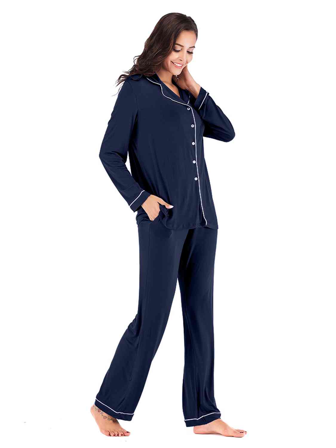 Collared Neck Long Sleeve Loungewear Set with Pockets | Stretchy Nylon Set