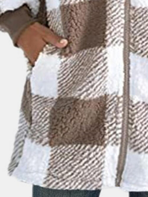 Plaid Zip Up Hooded Jacket with Pockets | Polyester Jacket With Cuffed Sleeves
