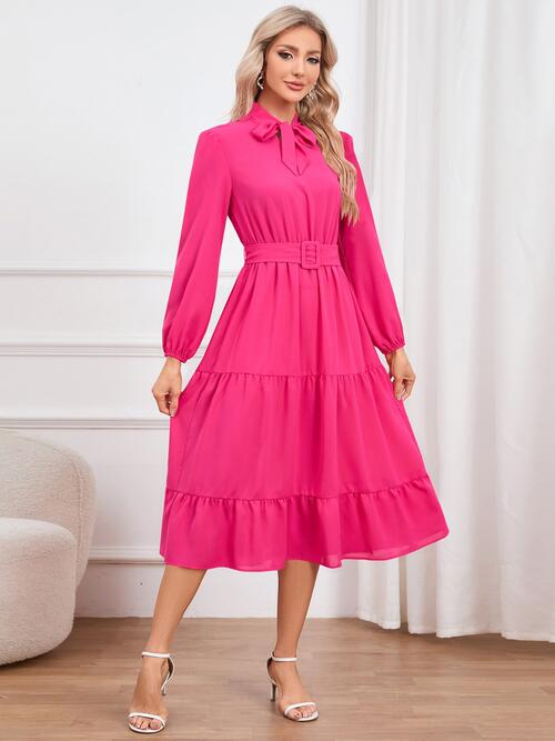 Tie Neck Long Sleeve Tiered Dress | Midi Dress With Waistband & Neck Bow