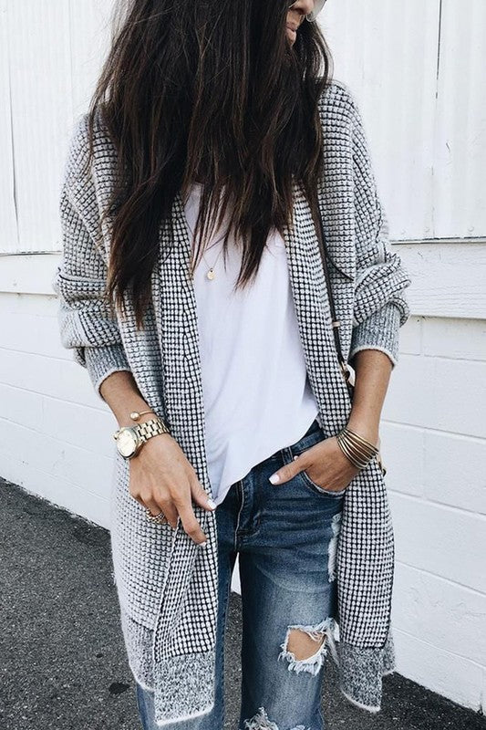 Plaid Long Sleeve Open Front Knit Sweater SHEWIN INC.
