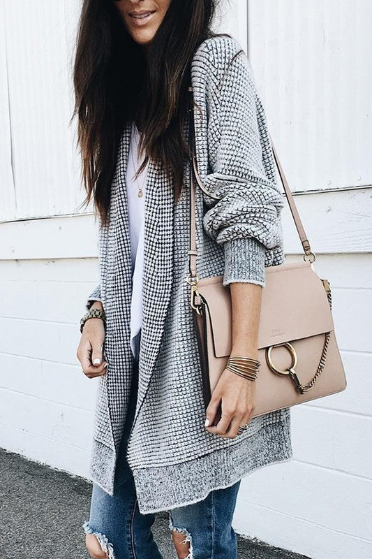 Plaid Long Sleeve Open Front Knit Sweater SHEWIN INC.