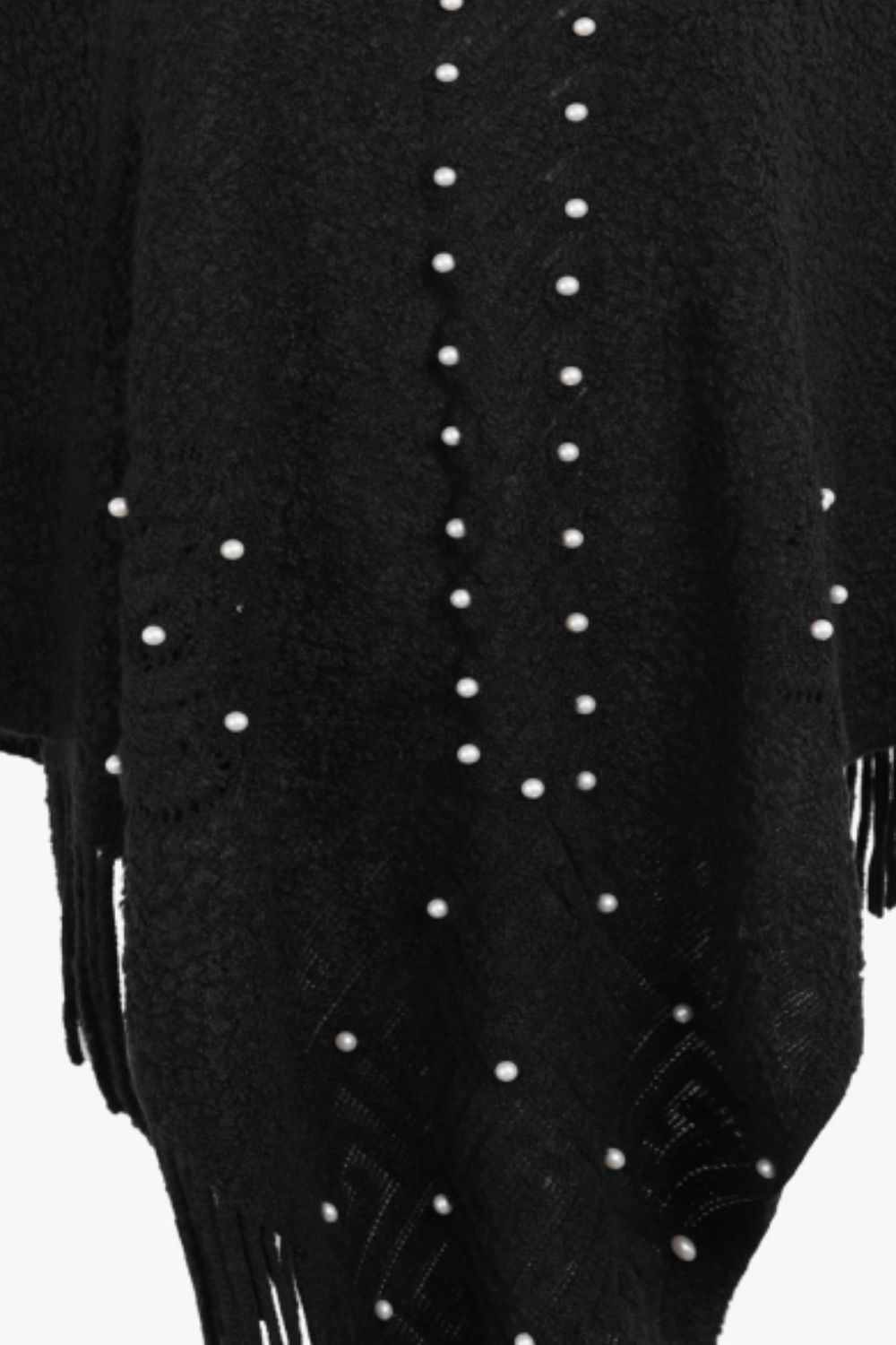 Pearl Trim Fringe Hem Poncho | Casual Solid Woman's Stretchy Acrylic Poncho