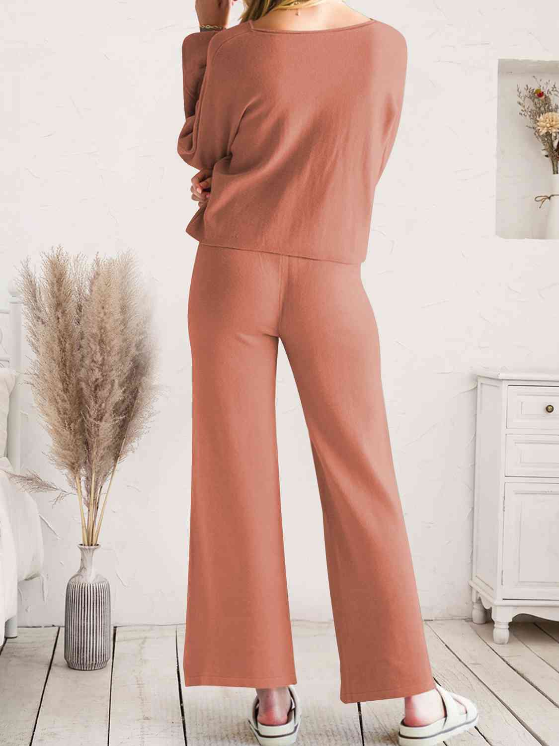 Long Sleeve Lounge Top and Drawstring Pants Set | Solid Acrylic Night Set
