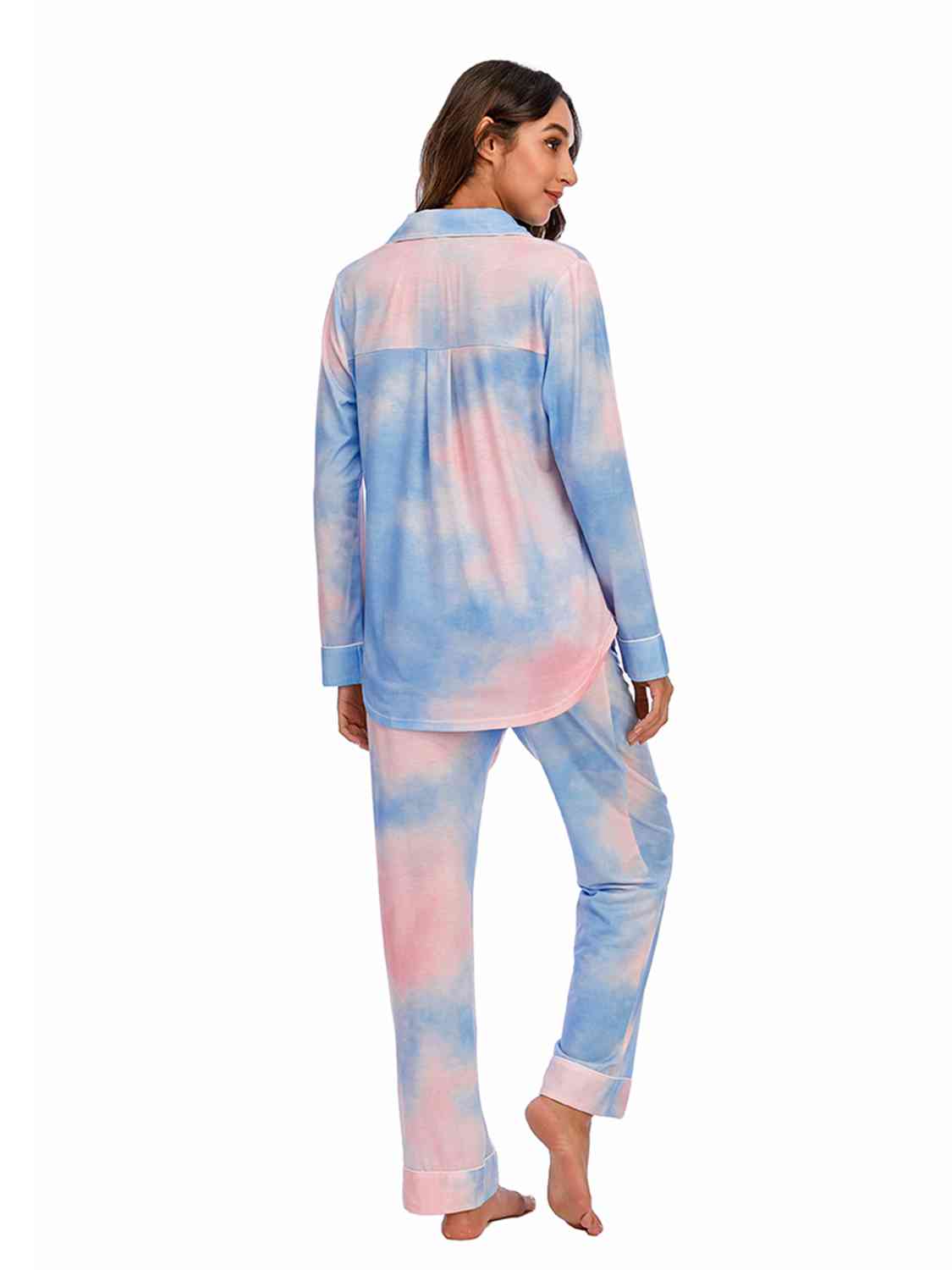 Collared Neck Long Sleeve Loungewear Set with Pockets | Stretchy Nylon Set
