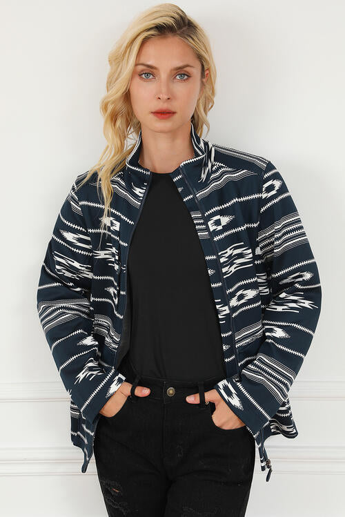 Geometric Zip Up Long Sleeve Jacket | Casual Printed Pocketed Woman's Jacket