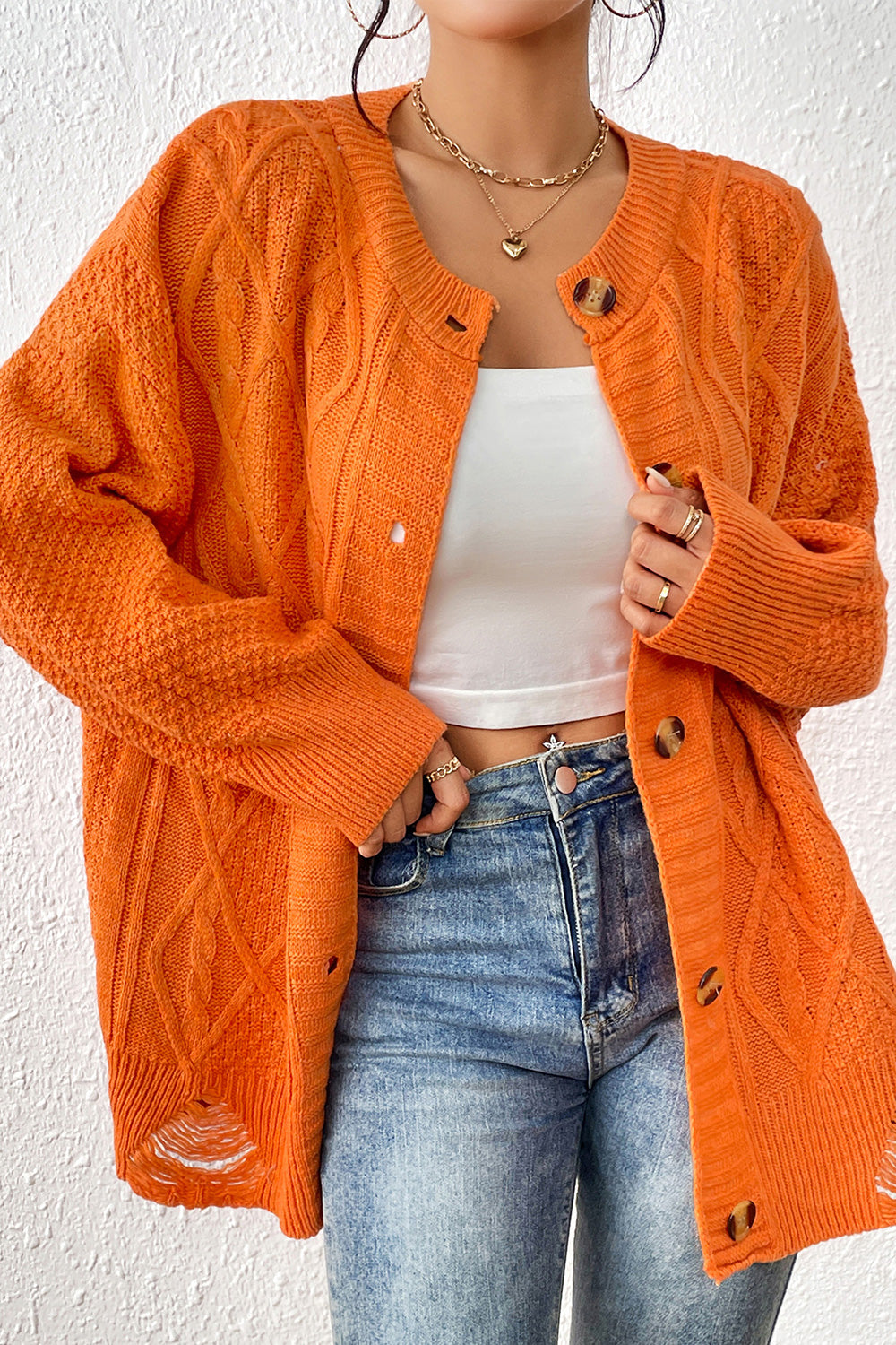 Round Neck Long Sleeve Cardigan | Cable Knit Acrylic Cardigan With Ribbed Hem