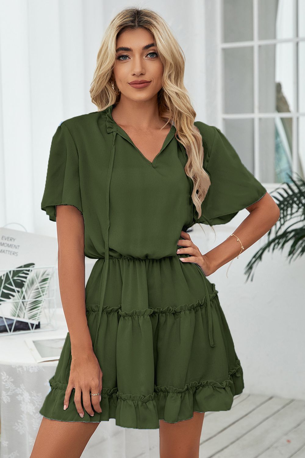Tie Neck Frill Trim Short Sleeve Mini Dress | Mini Solid A-line Polyester Dress
