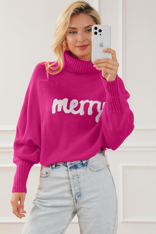 Merry Letter Embroidered High Neck Sweater | Casual Woman's Acrylic Sweater