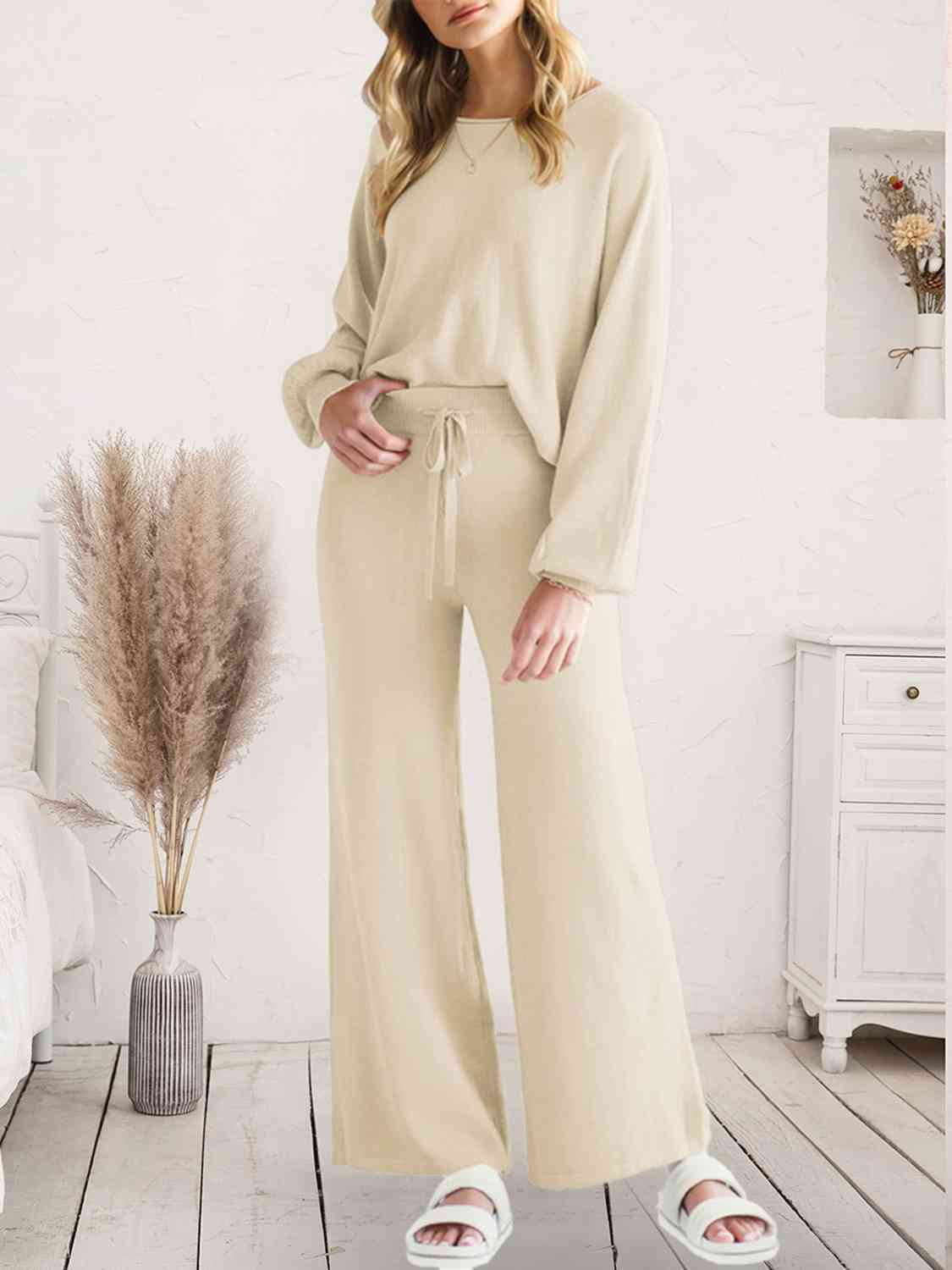 Long Sleeve Lounge Top and Drawstring Pants Set | Solid Acrylic Night Set