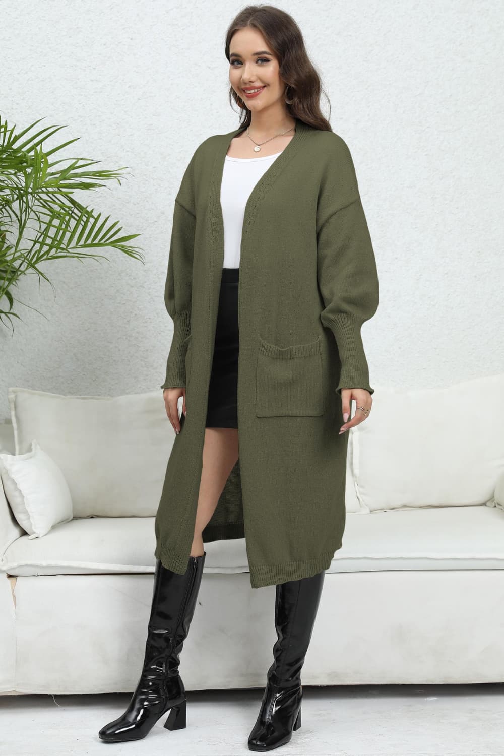 Open Front Dropped Shoulder Cardigan | Casual Polyester Cardigan With Pockets