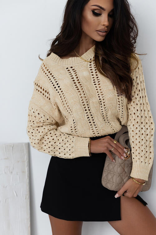 Full Size Openwork Cable-Knit Round Neck Knit Top | Casual Top With Ribbed Cuffs