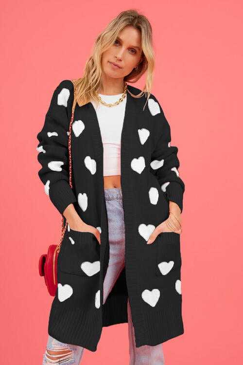 Heart Graphic Open Front Cardigan with Pockets | Cardigan With Ribbed Cuffs