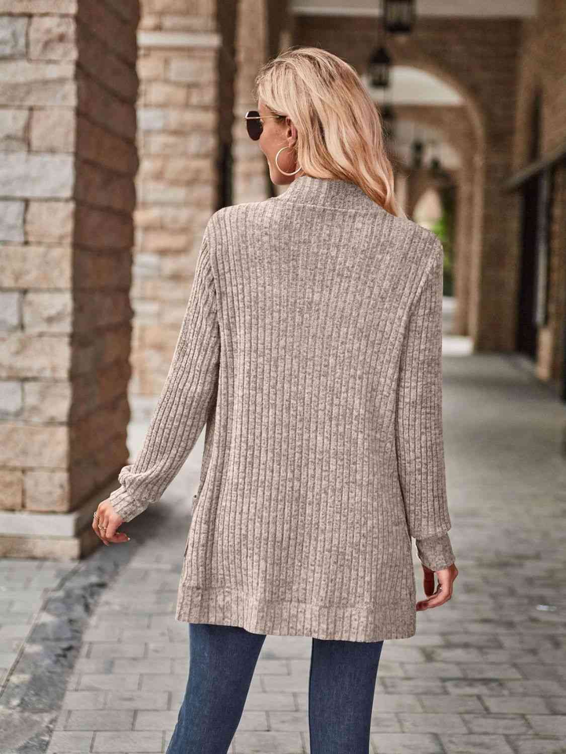 Open Front Cardigan with Pockets | Solid Casual Polyester Ribbed Cardigan