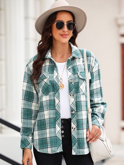 Plaid Collared Neck Button Up Jacket | Casual polyester Jacket With Long Sleeves