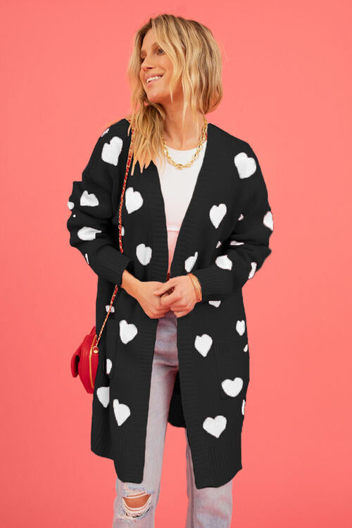 Heart Graphic Open Front Cardigan with Pockets | Cardigan With Ribbed Cuffs
