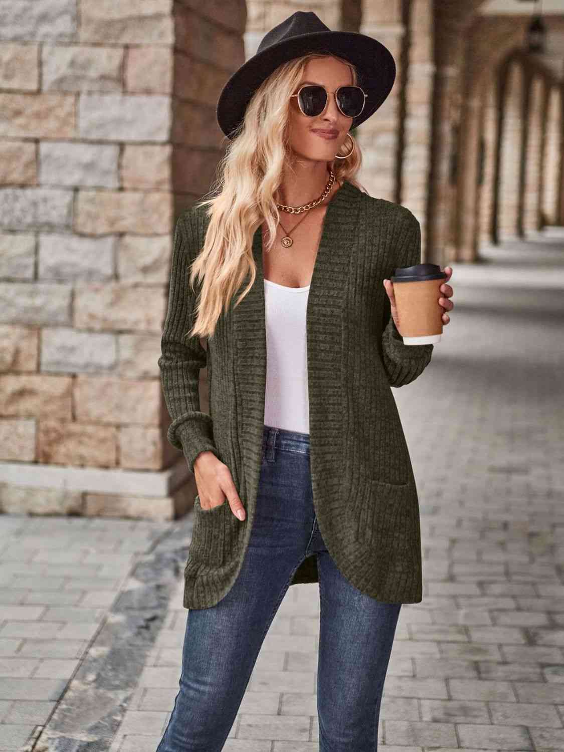 Open Front Cardigan with Pockets | Solid Casual Polyester Ribbed Cardigan
