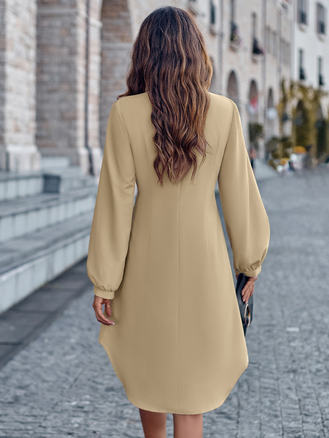 Notched Neck Long Sleeve Dress | Casual Polyester Dress With Button Closure
