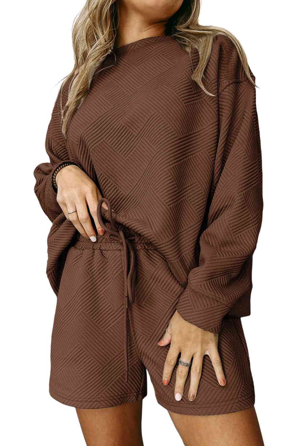 Ribbed Drop Shoulder Sweatshirt and Shorts Set | Casual Set With Pocketed Shorts