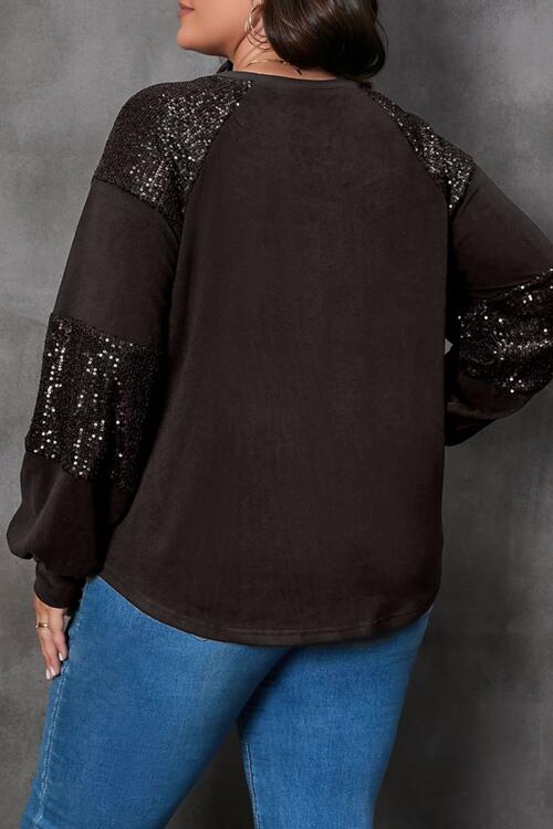 Plus Size Sequin Christmas Elements Long Sleeve T-Shirt | Round Neckline T-Shirt