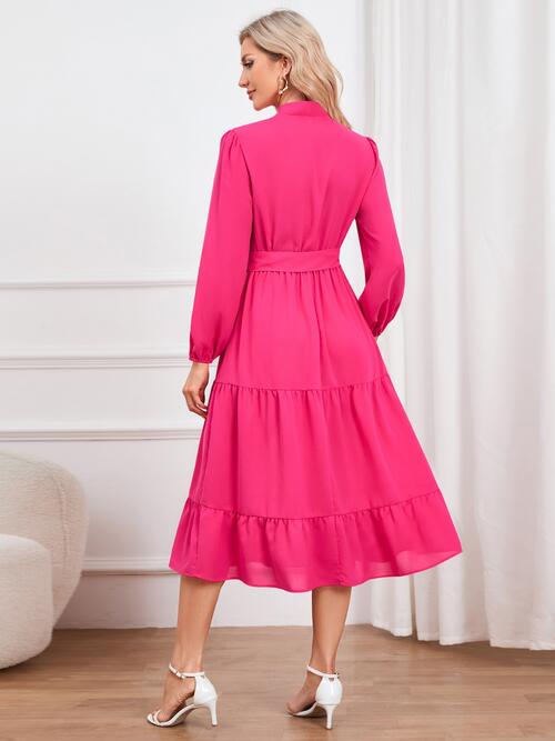 Tie Neck Long Sleeve Tiered Dress | Midi Dress With Waistband & Neck Bow