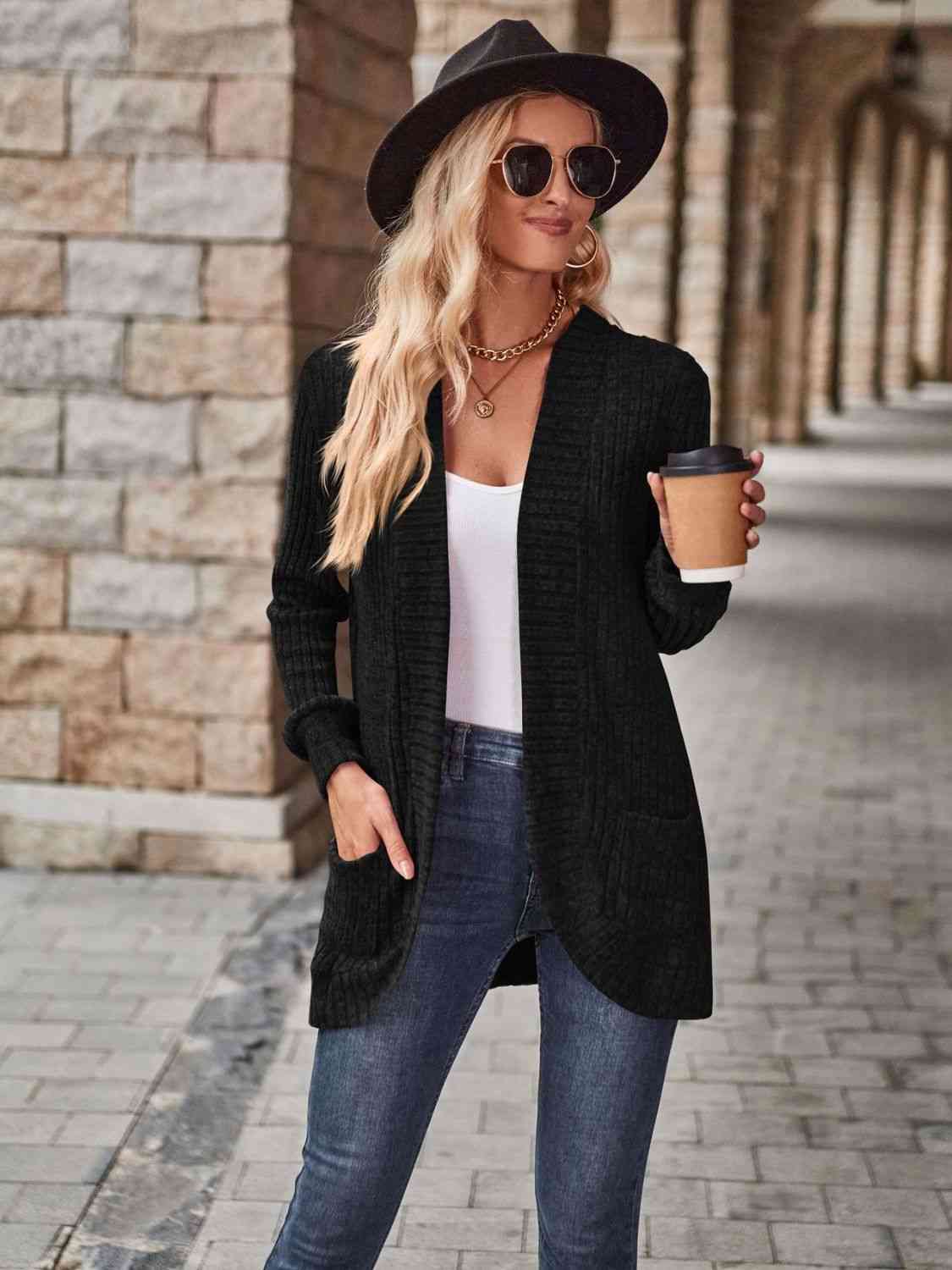 Open Front Cardigan with Pockets | Solid Casual Polyester Ribbed Cardigan