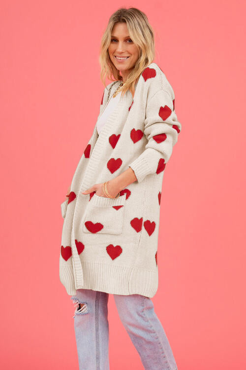 Heart Graphic Open Front Cardigan with Pockets | Cardigan With Ribbed Cuffs