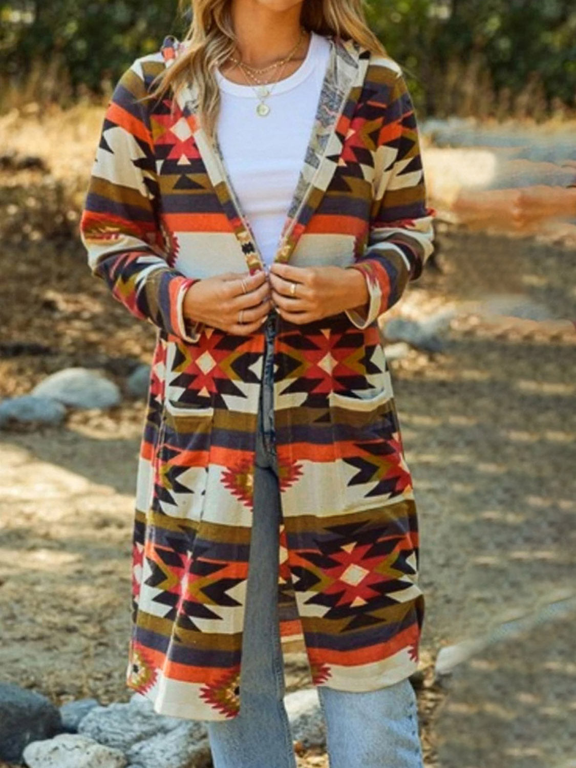Geometric Hooded Cardigan with Pockets | Polyester Cardigan With Long Sleeves