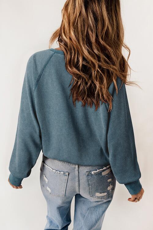 Waffle Knit Raglan Sleeve Henley Sweatshirt | Polyester Sweatshirt With Buttons