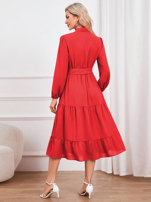 Tie Neck Long Sleeve Tiered Dress | Midi Dress With Waistband & Neck Bow