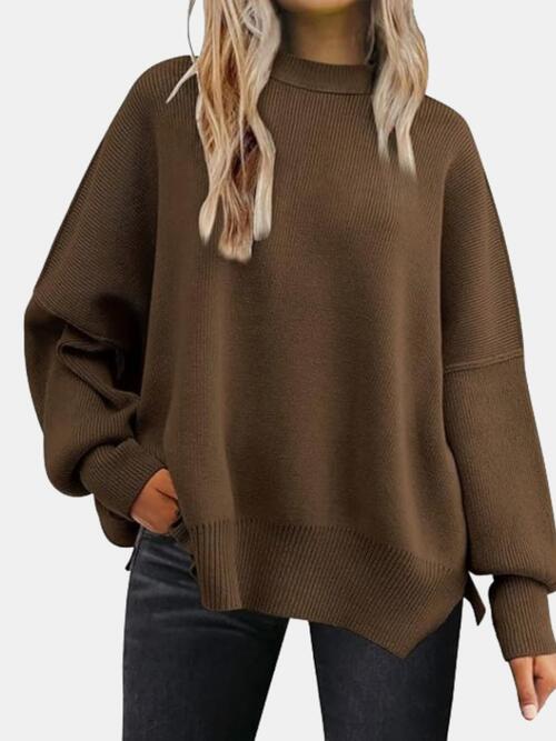 Round Neck Drop Shoulder Slit Sweater | Woman's Casual Stretchy Ribbed Sweater