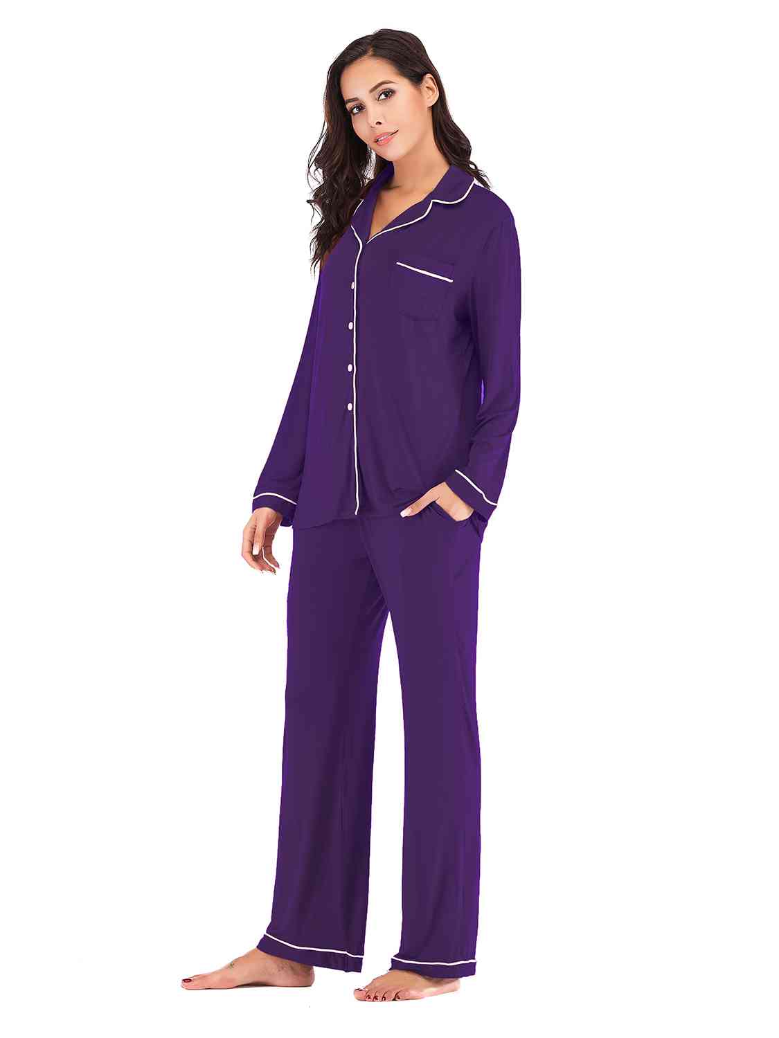 Collared Neck Long Sleeve Loungewear Set with Pockets | Stretchy Nylon Set