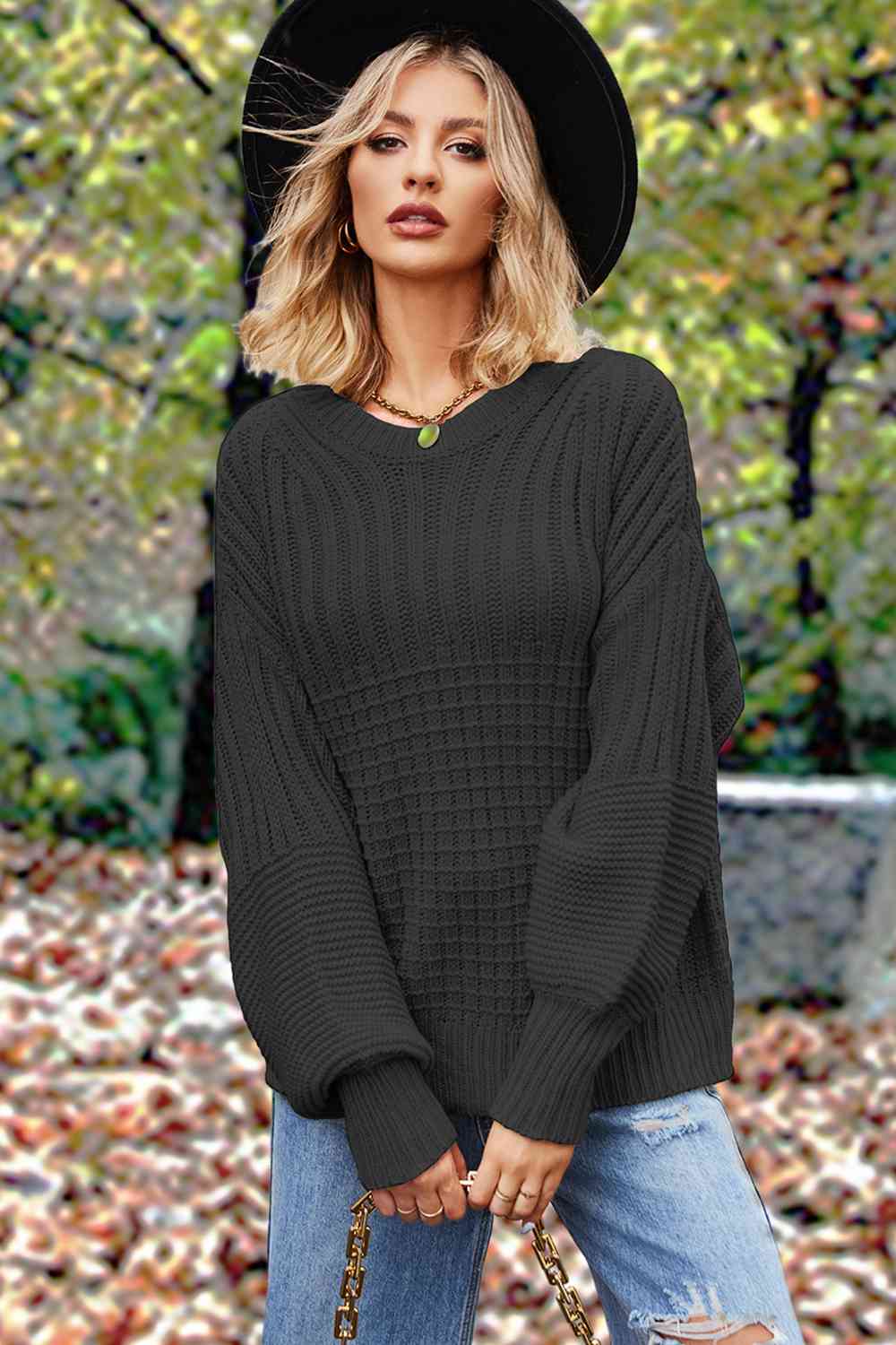 Round Neck Lantern Sleeve Sweater | Solid Acrylic Sweater With Ribbed Cuffs