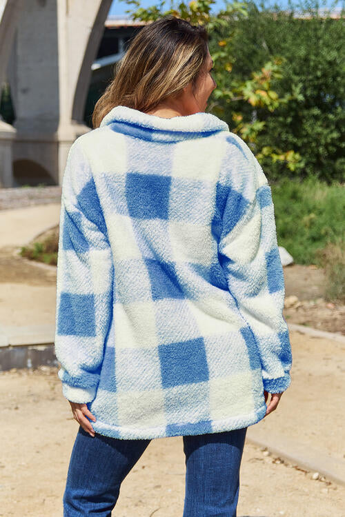 Plaid Button Up Collared Neck Jacket | Casual Polyester Soft Woman's Jacket