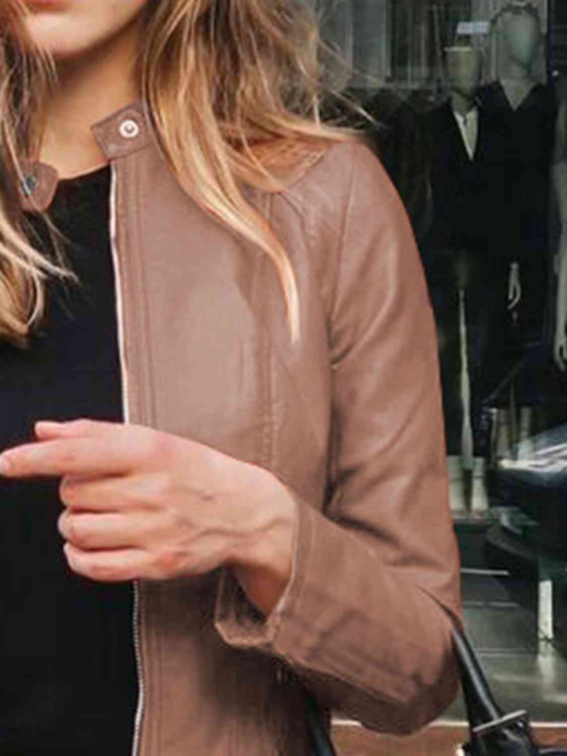 Mock Neck Zip Up Jacket | Casual Woman's Solid Polyester Spandex Jacket