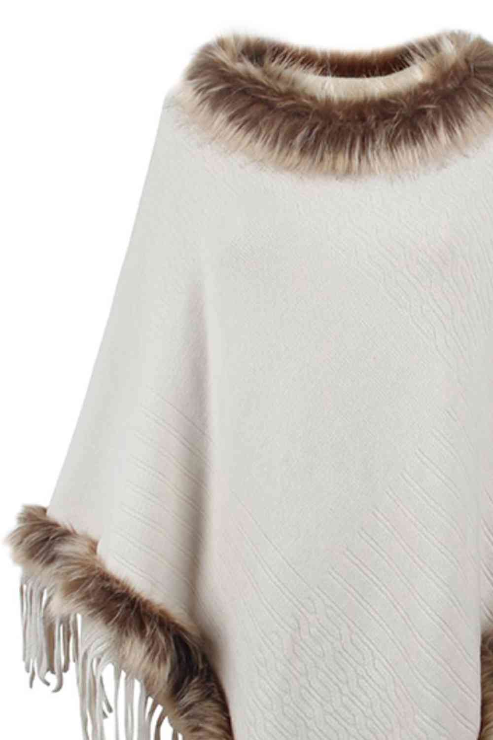 Faux Fur Trim Fringed Poncho | Woman's Casual Solid Stretchy Polyester Poncho