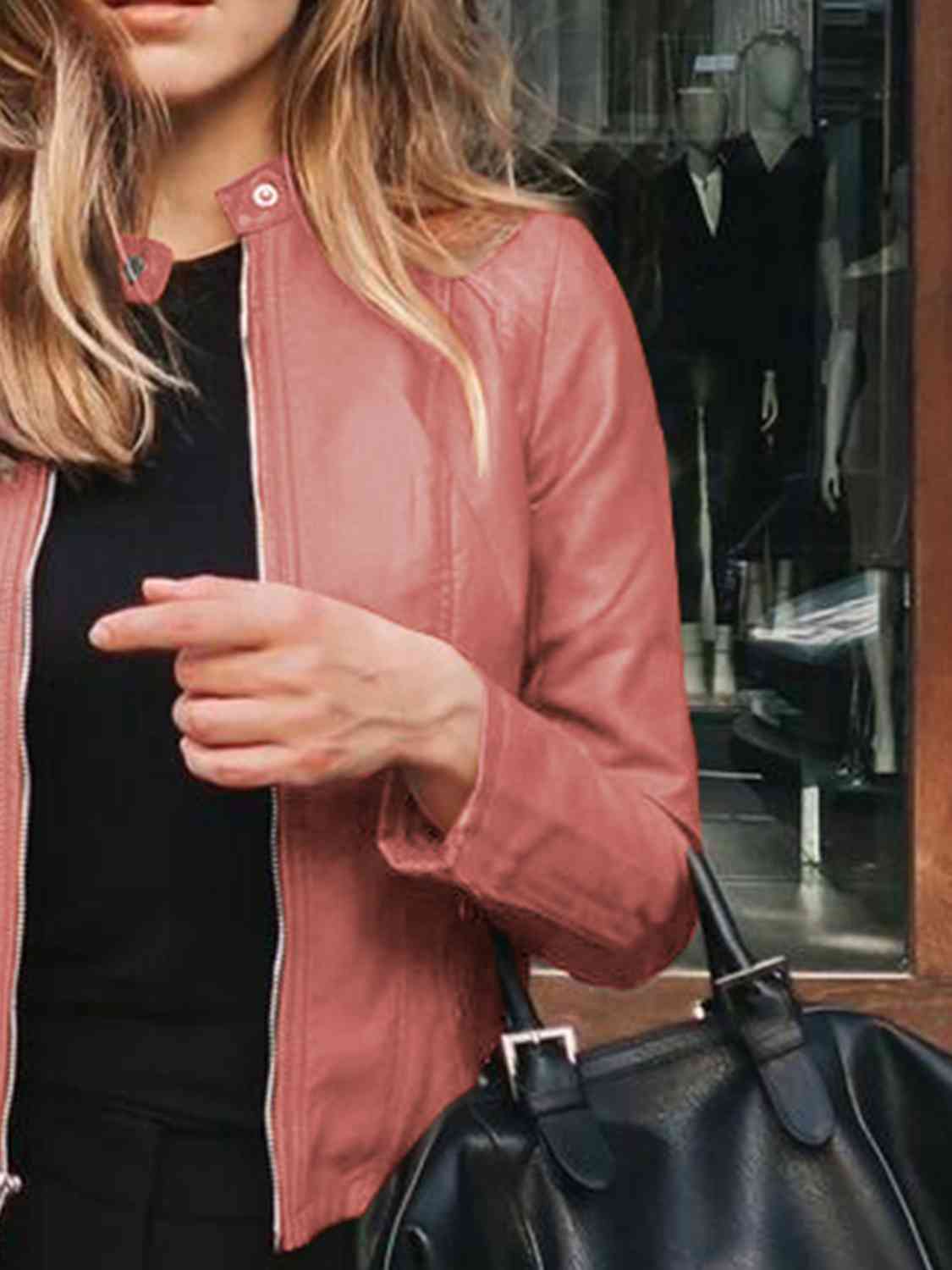 Mock Neck Zip Up Jacket | Casual Woman's Solid Polyester Spandex Jacket