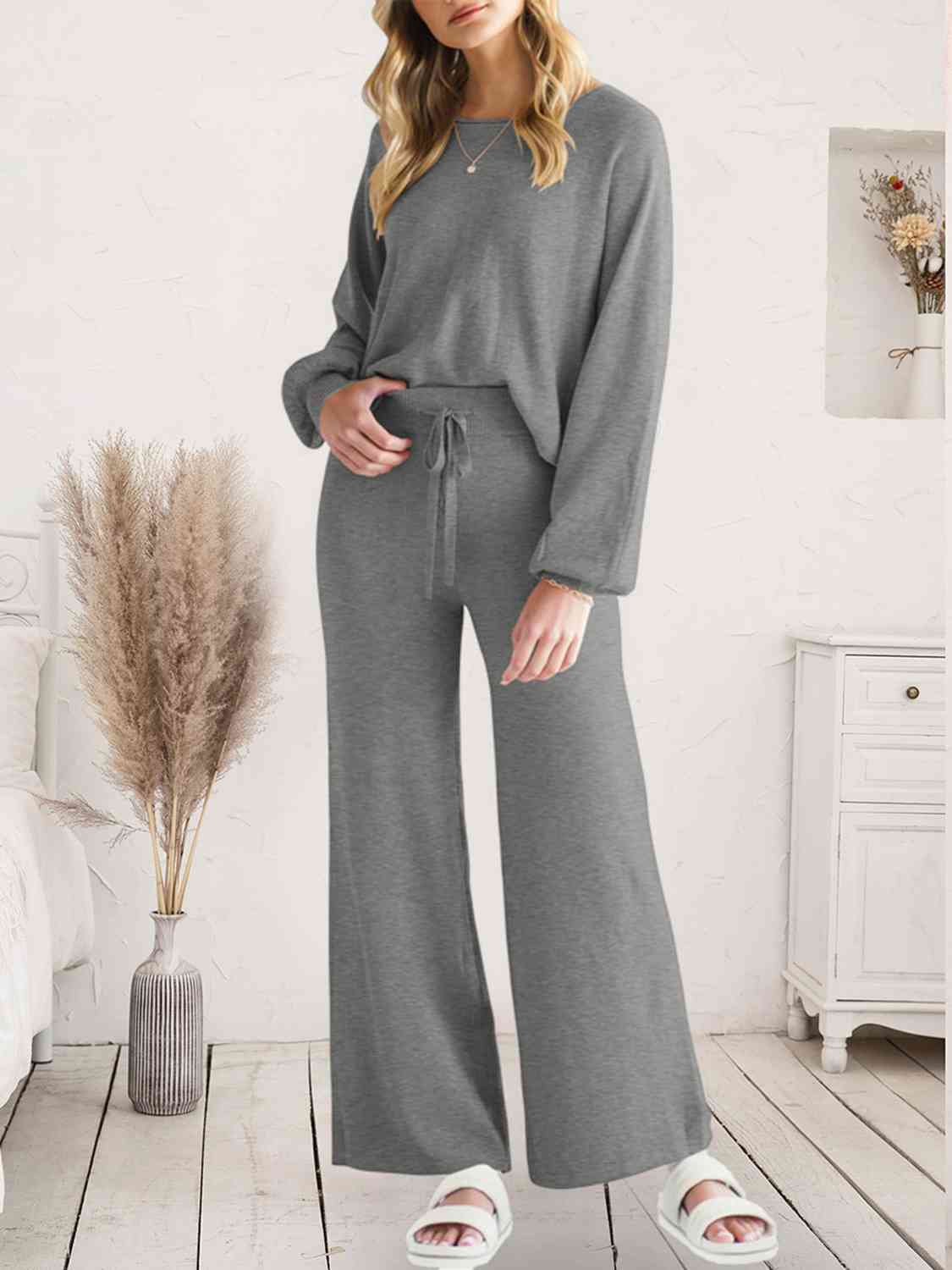 Long Sleeve Lounge Top and Drawstring Pants Set | Solid Acrylic Night Set