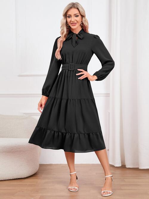 Tie Neck Long Sleeve Tiered Dress | Midi Dress With Waistband & Neck Bow
