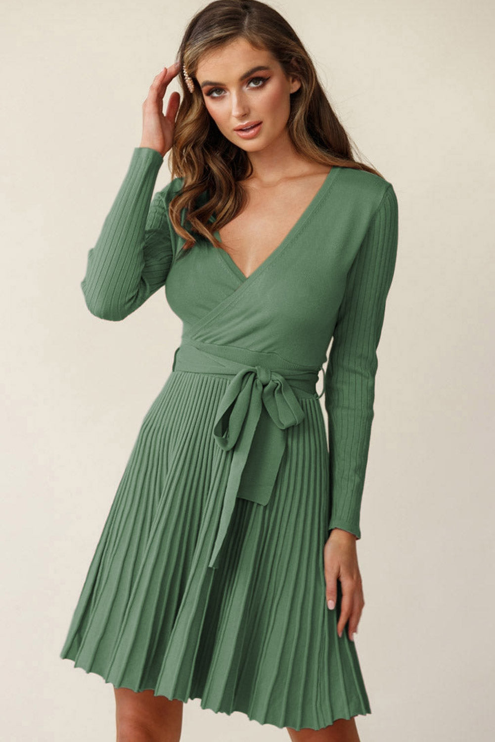 Surplice Neck Tie Waist Pleated Dress | Solid Viscose Dress With Long Sleeves