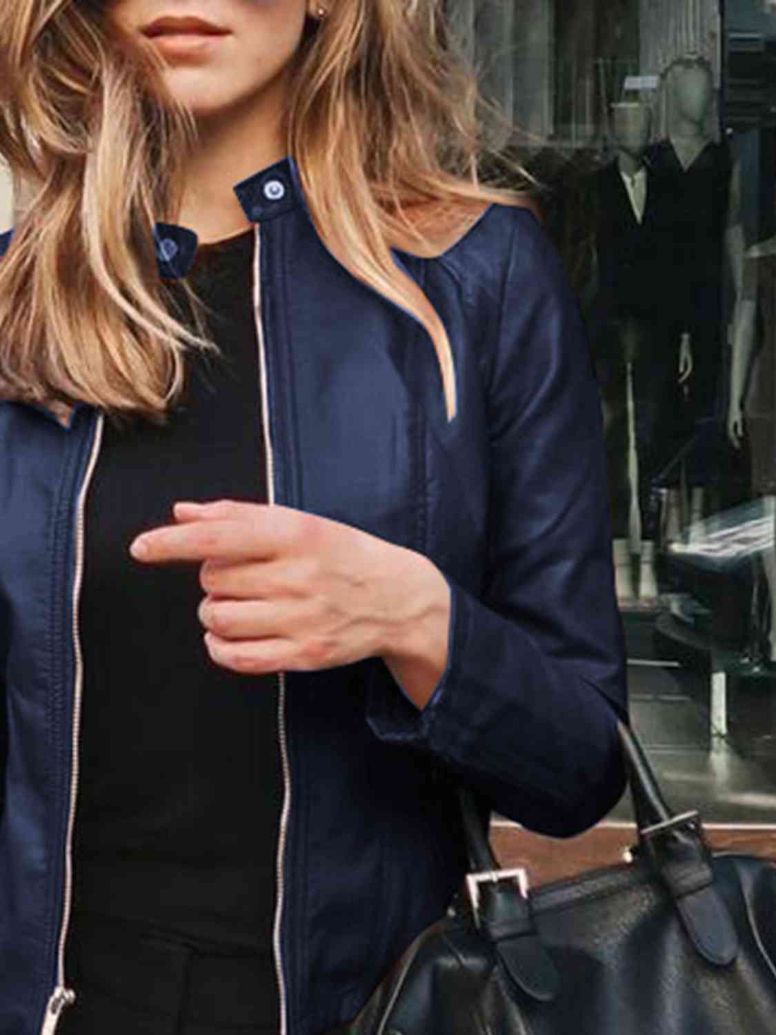 Mock Neck Zip Up Jacket | Casual Woman's Solid Polyester Spandex Jacket
