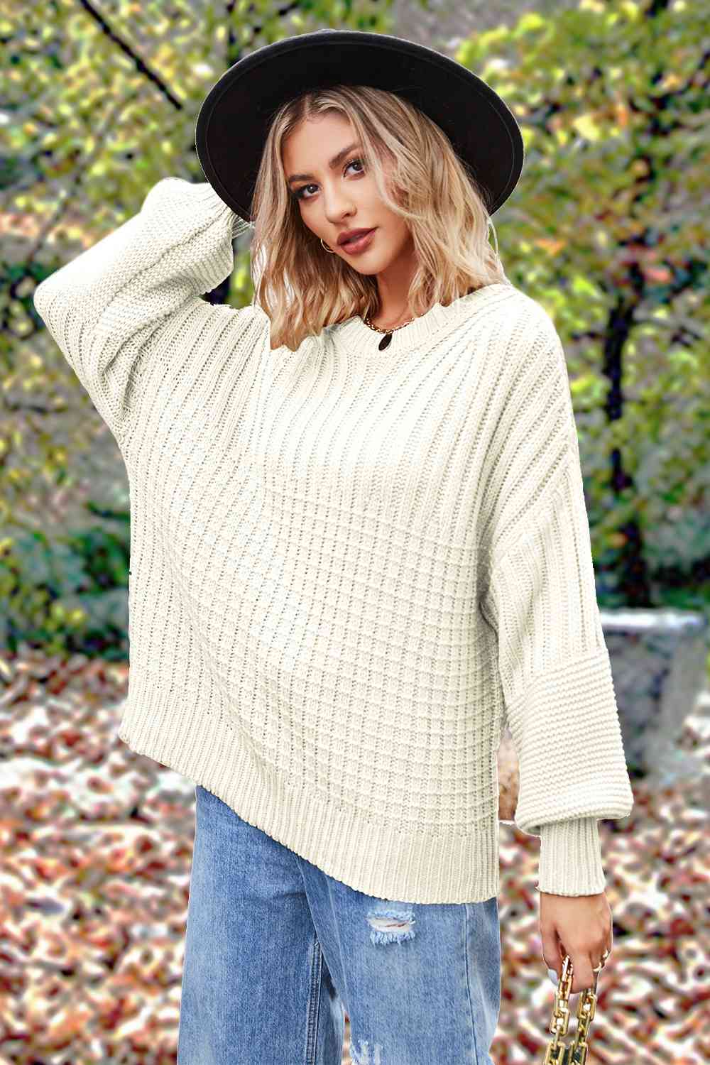 Round Neck Lantern Sleeve Sweater | Solid Acrylic Sweater With Ribbed Cuffs