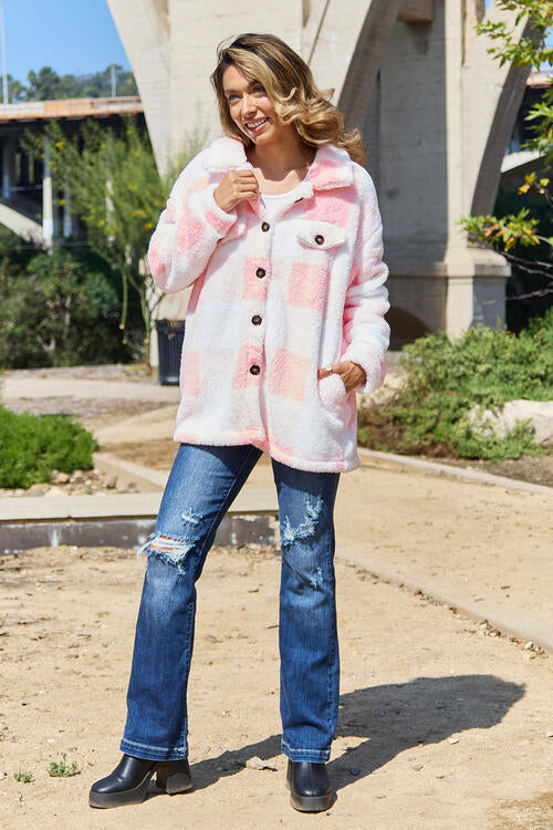 Plaid Button Up Collared Neck Jacket | Casual Polyester Soft Woman's Jacket