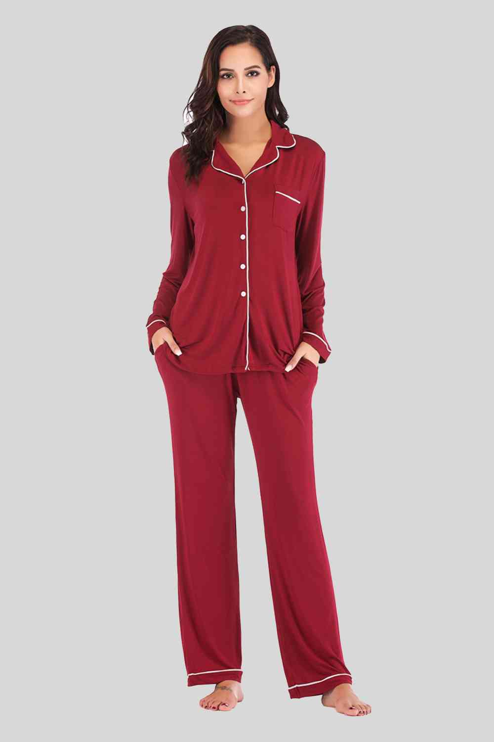 Collared Neck Long Sleeve Loungewear Set with Pockets | Stretchy Nylon Set