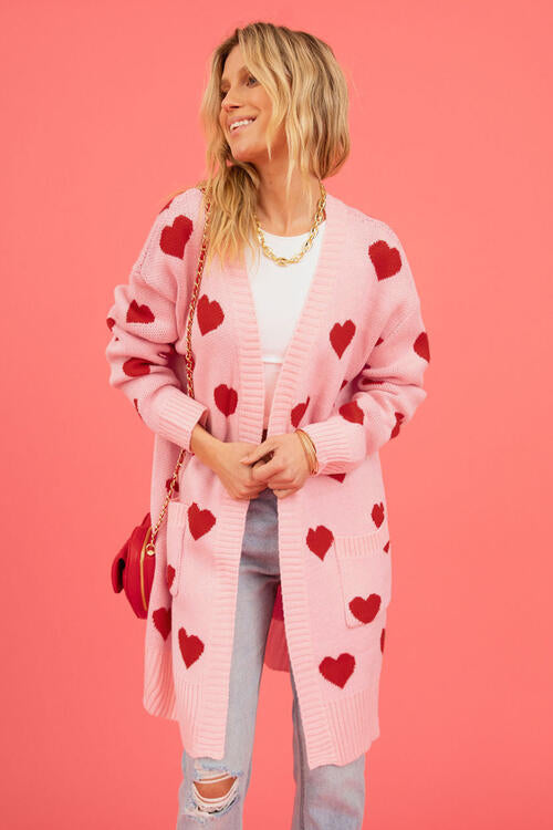 Heart Graphic Open Front Cardigan with Pockets | Cardigan With Ribbed Cuffs