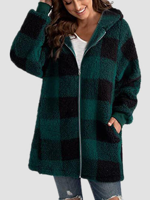 Plaid Zip Up Hooded Jacket with Pockets | Polyester Jacket With Cuffed Sleeves
