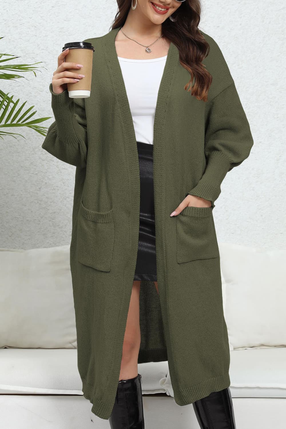 Open Front Dropped Shoulder Cardigan | Casual Polyester Cardigan With Pockets