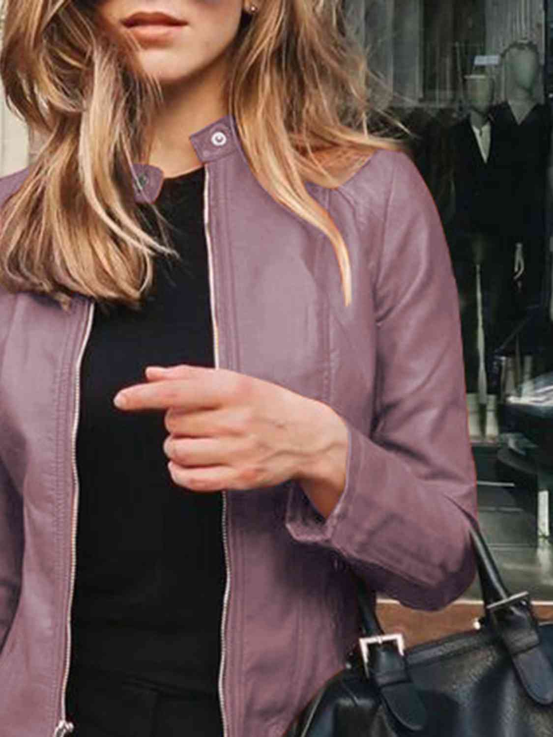 Mock Neck Zip Up Jacket | Casual Woman's Solid Polyester Spandex Jacket