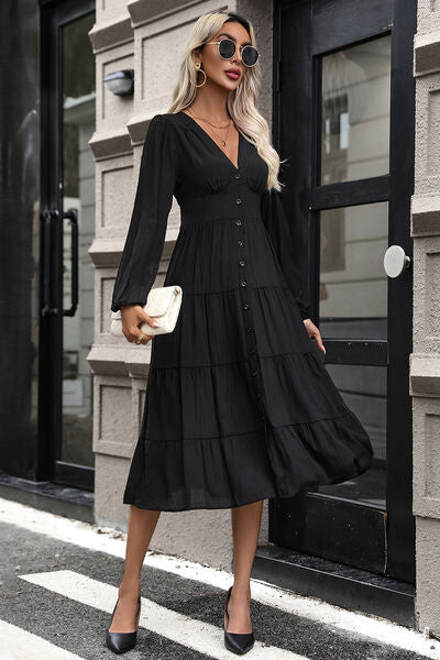 Tiered Ruched Button Up Midi Dress | Solid V-Neck Dress With Long Sleeves